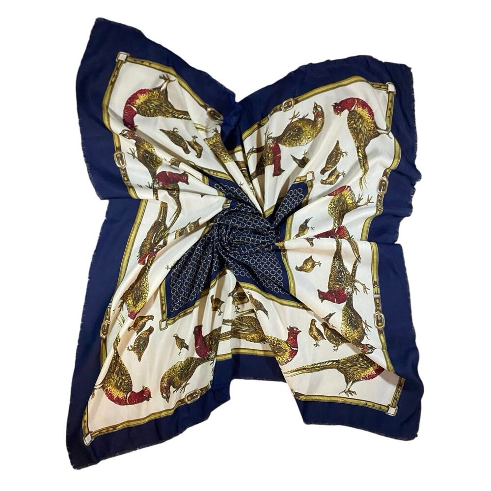 Vintage Art of the Scarf Italian Quail Raw Edge Scarf 46”x46”